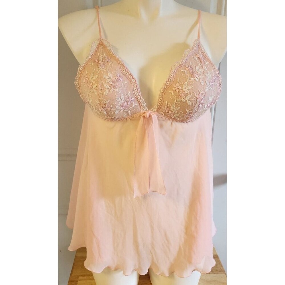 Delicates Women’s Sleeveless Plunge V Neck Semi Sheer Chemise Nighty Pink Size L
